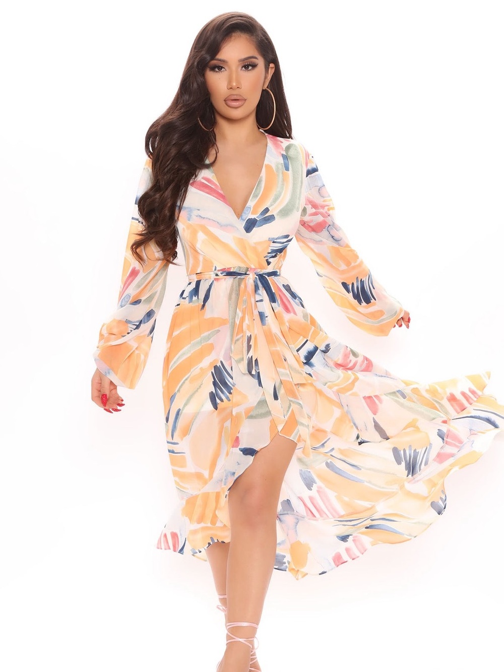 Floral Watercolor Wrap Maxi Dress in Peach & Multi